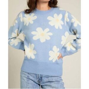 EN CREME Daisy Floral Sweater Light Blue Soft Fuzzy size Medium